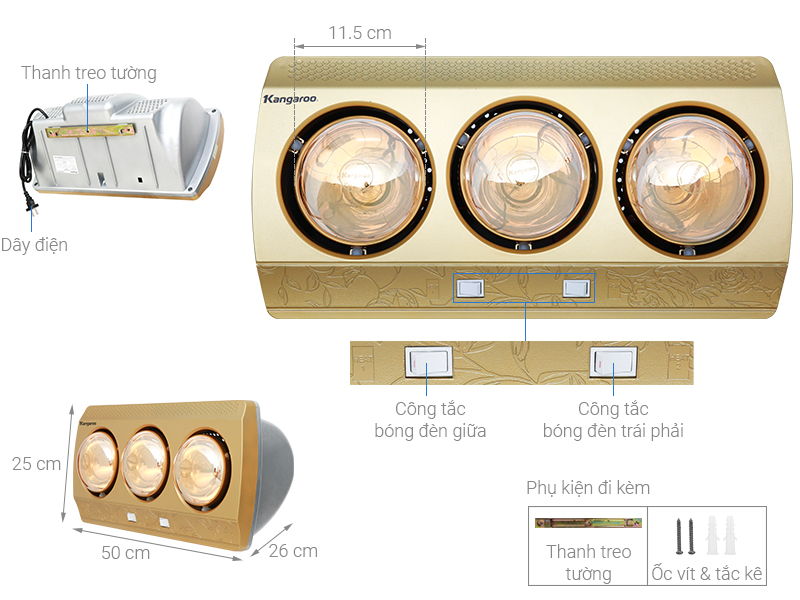 Thông số kỹ thuật đèn sưởi nhà tám Kangaroo KG3BH01